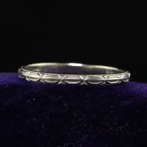 Antique Art Deco Bristol 18K White Gold Engraved Wedding Band - Size 6 3/4