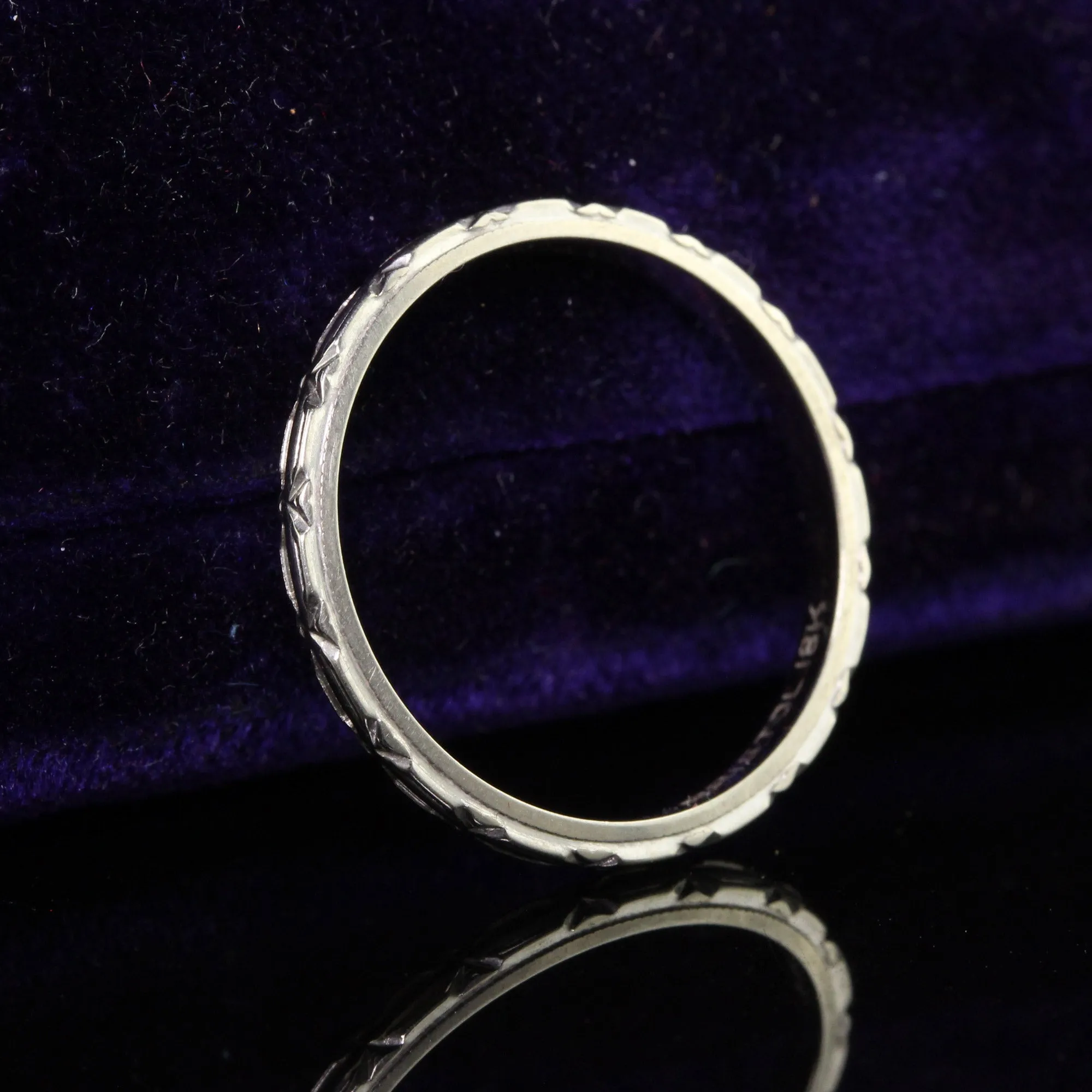 Antique Art Deco Bristol 18K White Gold Engraved Wedding Band - Size 6 3/4