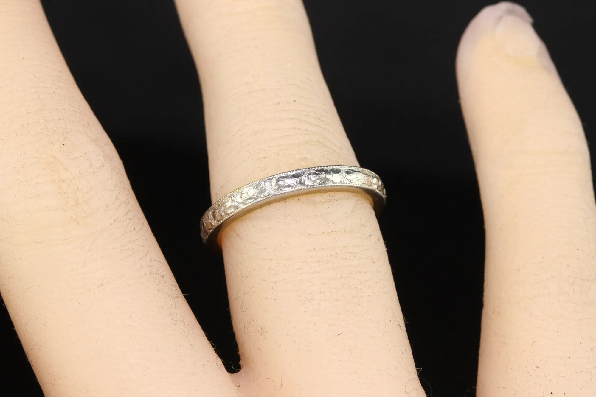 Antique Art Deco Platinum and 18K Gold Engraved Wedding Band Circa 1917 - Size 5 1/2