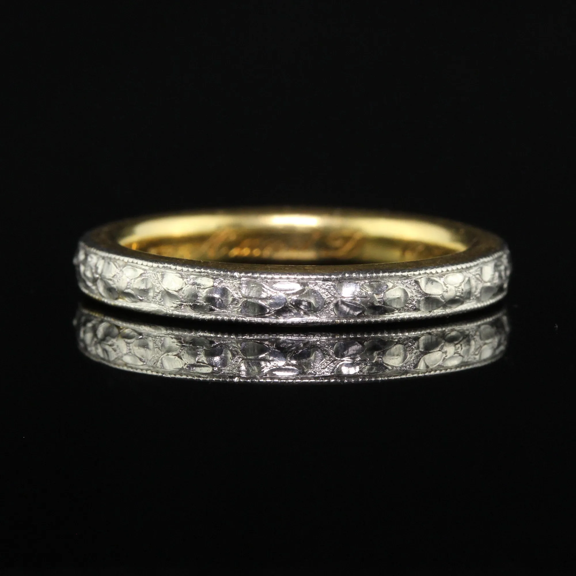 Antique Art Deco Platinum and 18K Gold Engraved Wedding Band Circa 1917 - Size 5 1/2
