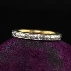 Antique Art Deco Platinum and 18K Gold Engraved Wedding Band Circa 1917 - Size 5 1/2