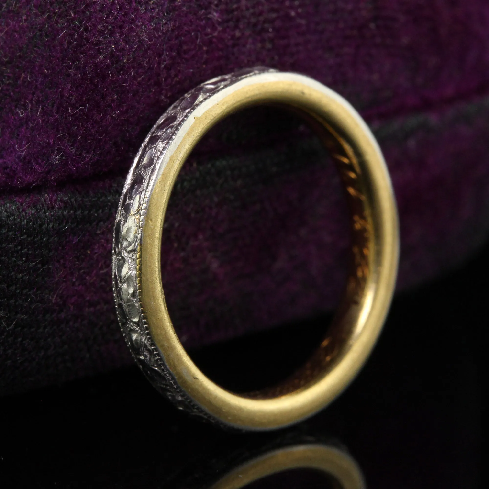 Antique Art Deco Platinum and 18K Gold Engraved Wedding Band Circa 1917 - Size 5 1/2