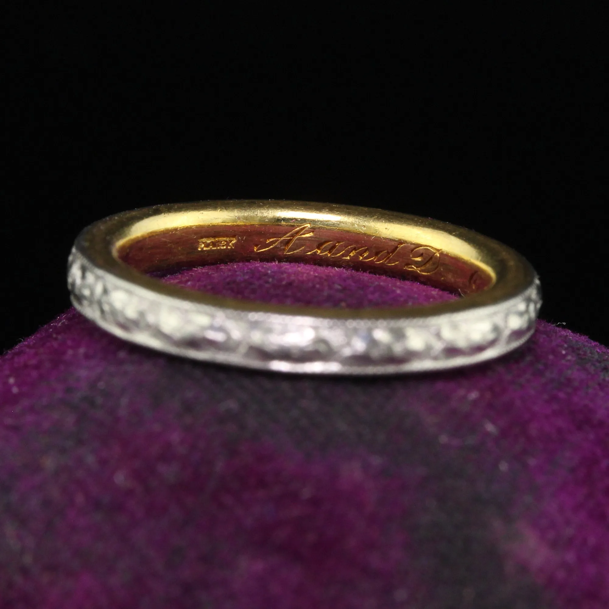 Antique Art Deco Platinum and 18K Gold Engraved Wedding Band Circa 1917 - Size 5 1/2