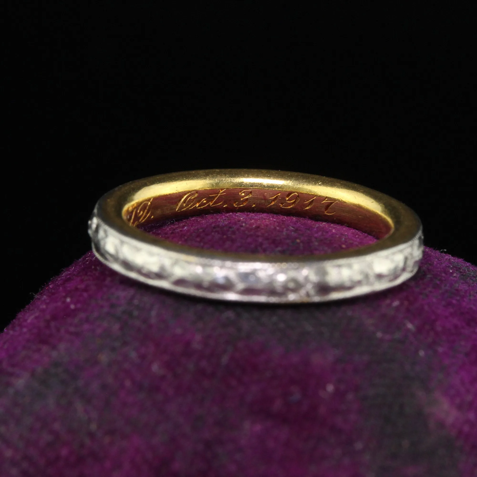 Antique Art Deco Platinum and 18K Gold Engraved Wedding Band Circa 1917 - Size 5 1/2