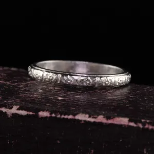Antique Art Deco Platinum Blossom Engraved Wedding Band - Size 6 1/4