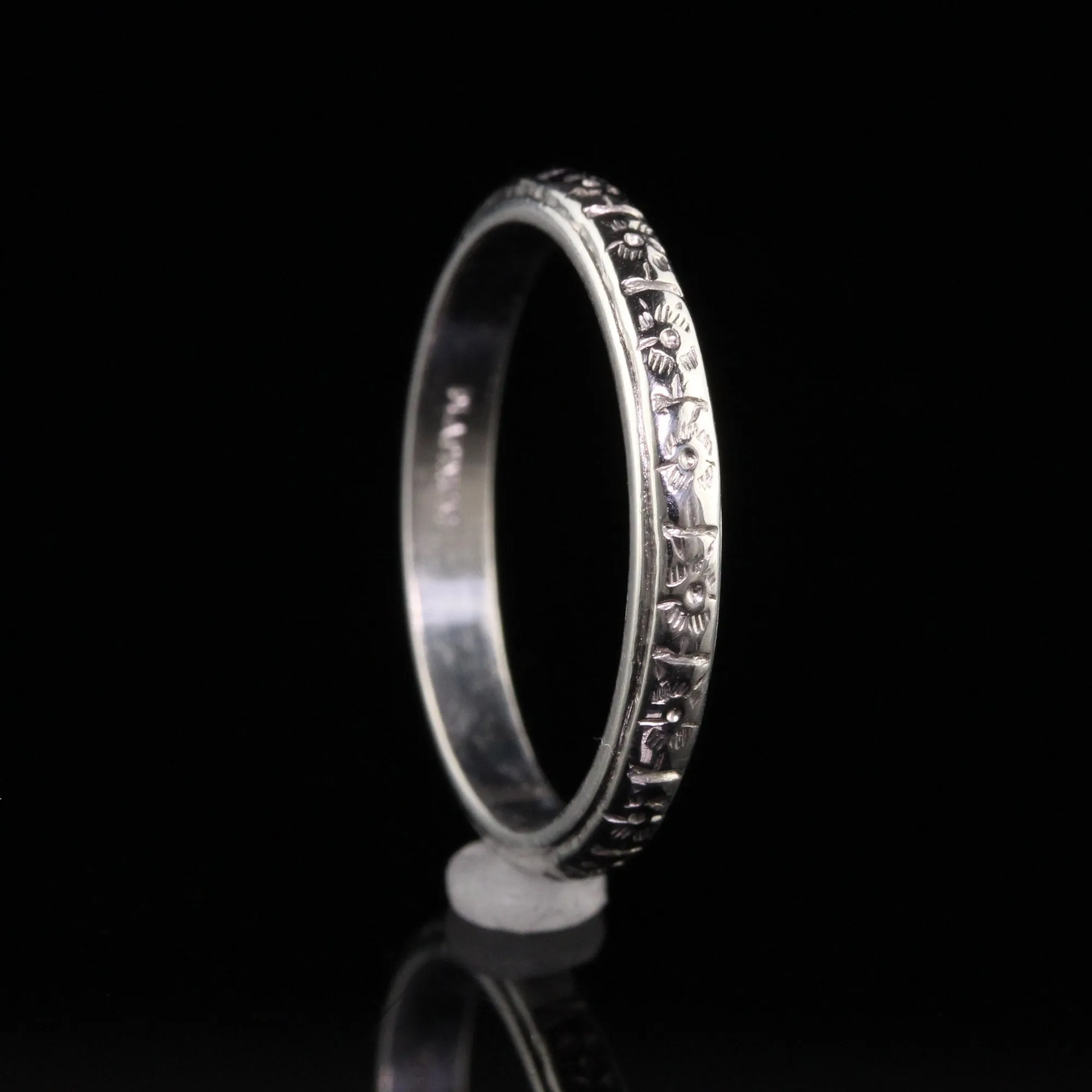 Antique Art Deco Platinum Blossom Engraved Wedding Band - Size 6 1/4