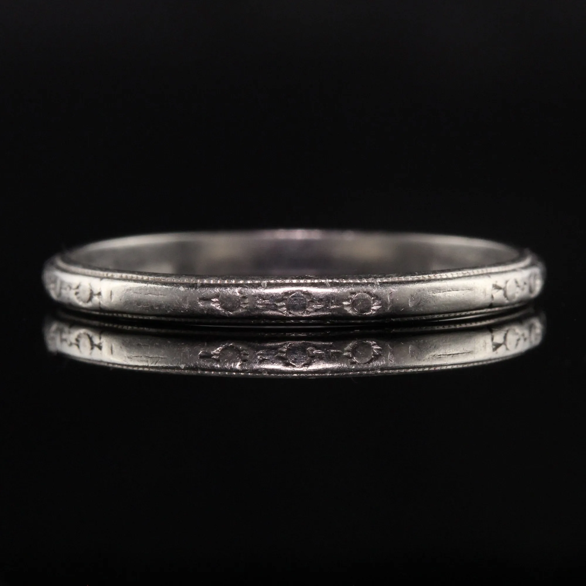 Antique Art Deco Platinum Engraved Wedding Band - Size 7 1/2