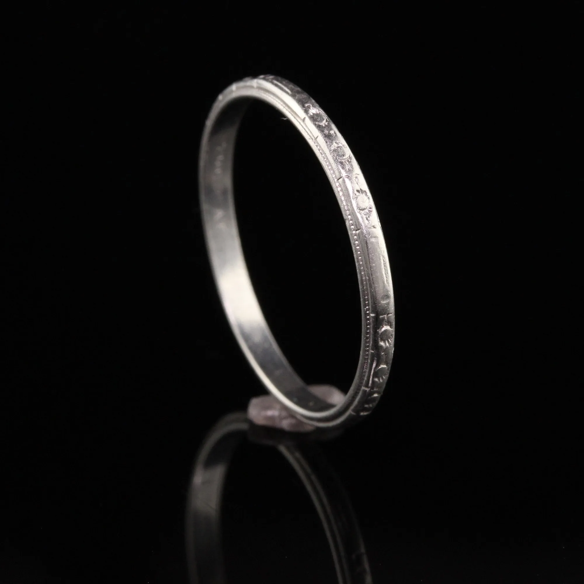 Antique Art Deco Platinum Engraved Wedding Band - Size 7 1/2