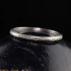 Antique Art Deco Platinum Engraved Wedding Band - Size 7 1/2