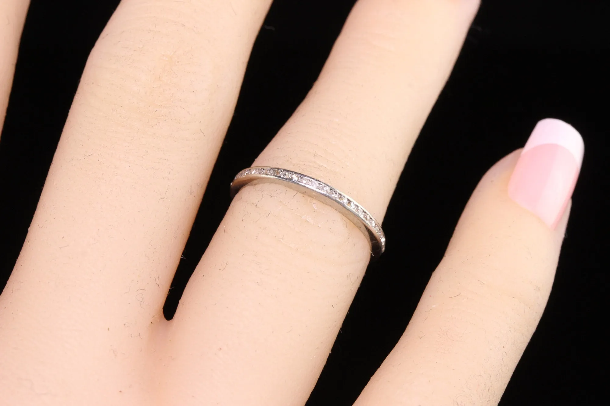 Antique Art Deco Platinum French Cut Diamond Wedding Eternity Band - Size 5 1/4