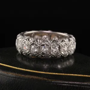 Antique Art Deco Platinum Old Euro and Rose Cut Three Row Eternity Band