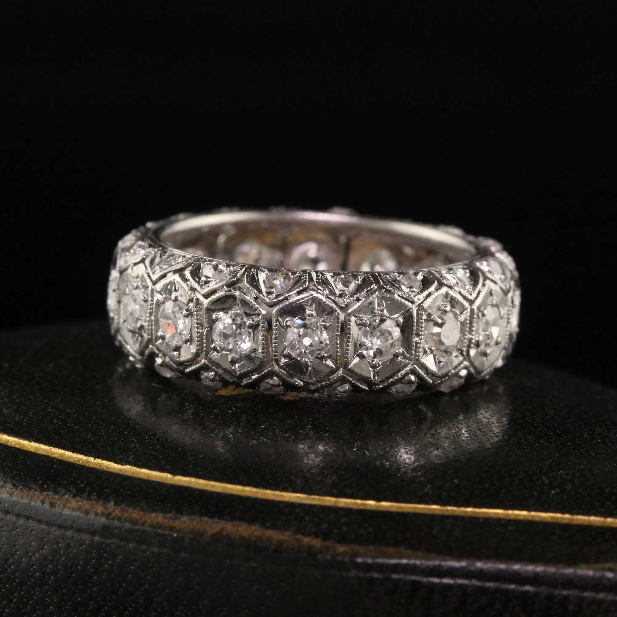 Antique Art Deco Platinum Old Euro and Rose Cut Three Row Eternity Band