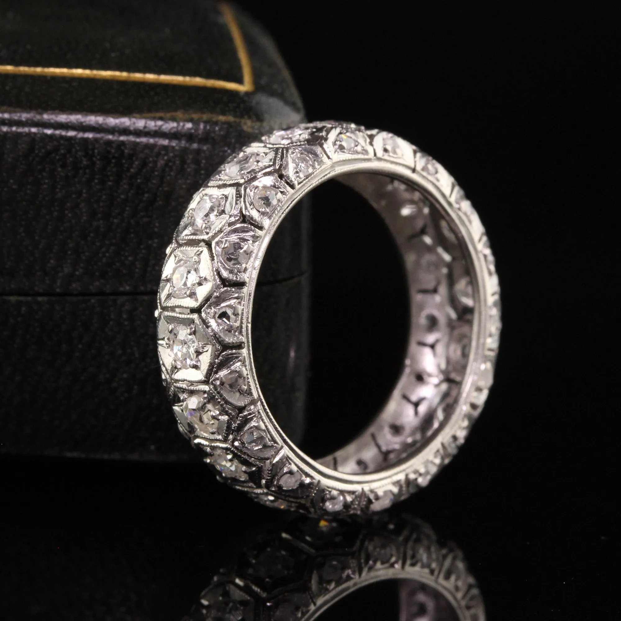 Antique Art Deco Platinum Old Euro and Rose Cut Three Row Eternity Band