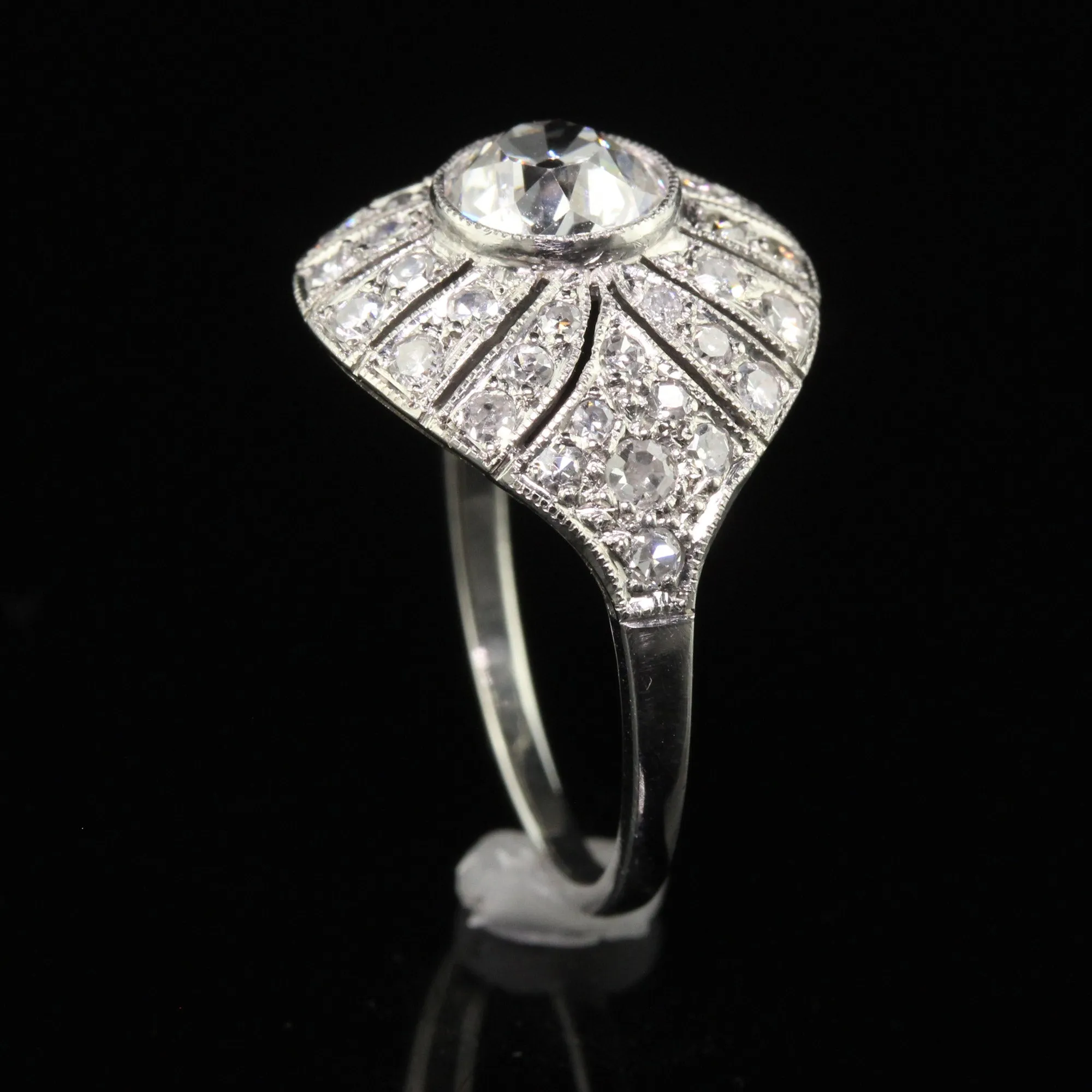 Antique Art Deco Platinum Old Euro Diamond Filigree Engagement Ring