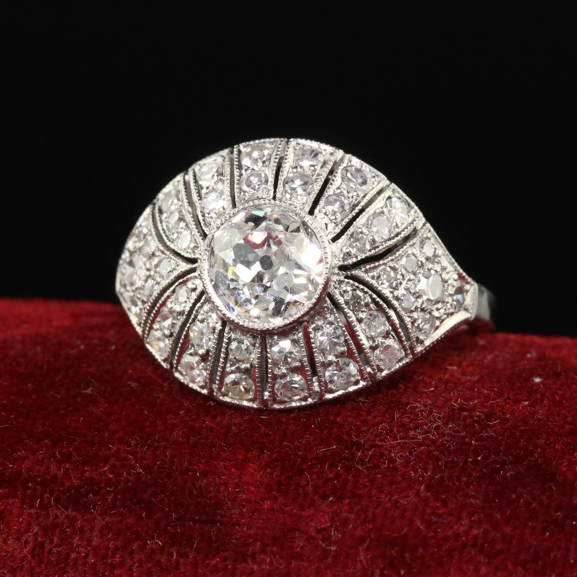Antique Art Deco Platinum Old Euro Diamond Filigree Engagement Ring
