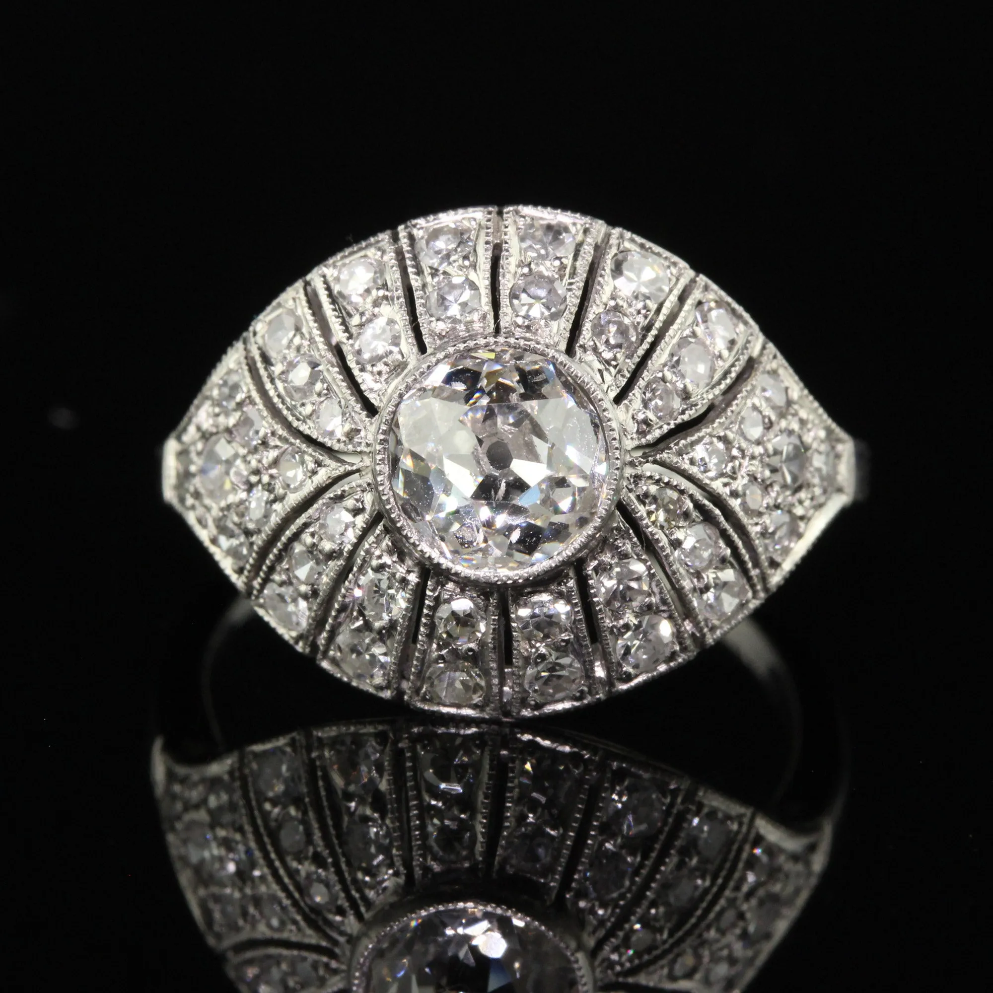 Antique Art Deco Platinum Old Euro Diamond Filigree Engagement Ring