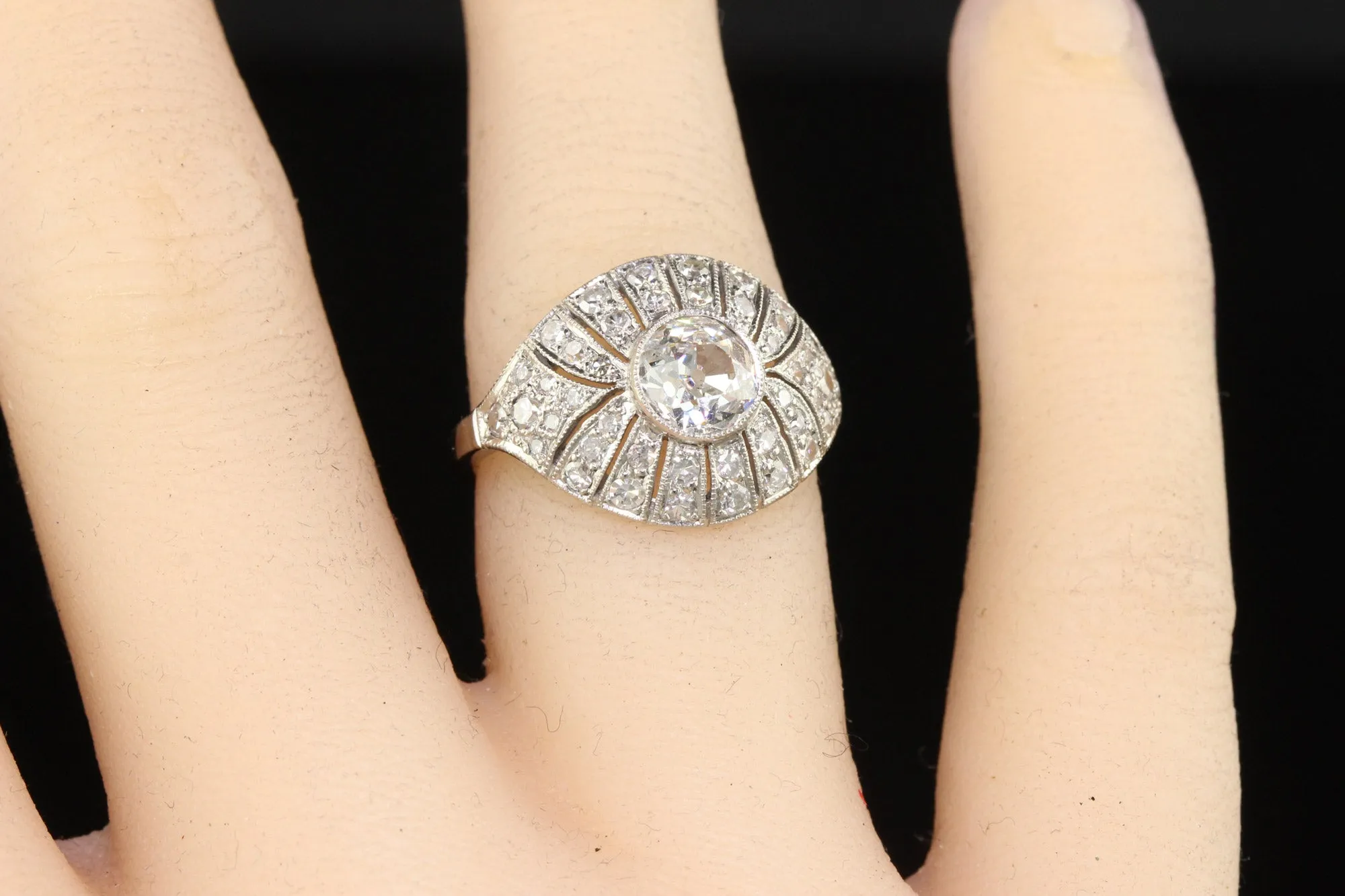 Antique Art Deco Platinum Old Euro Diamond Filigree Engagement Ring