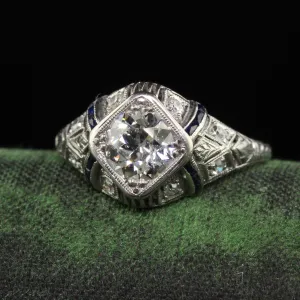 Antique Art Deco Platinum Old Euro Diamond Sapphire Engagement Ring - GIA