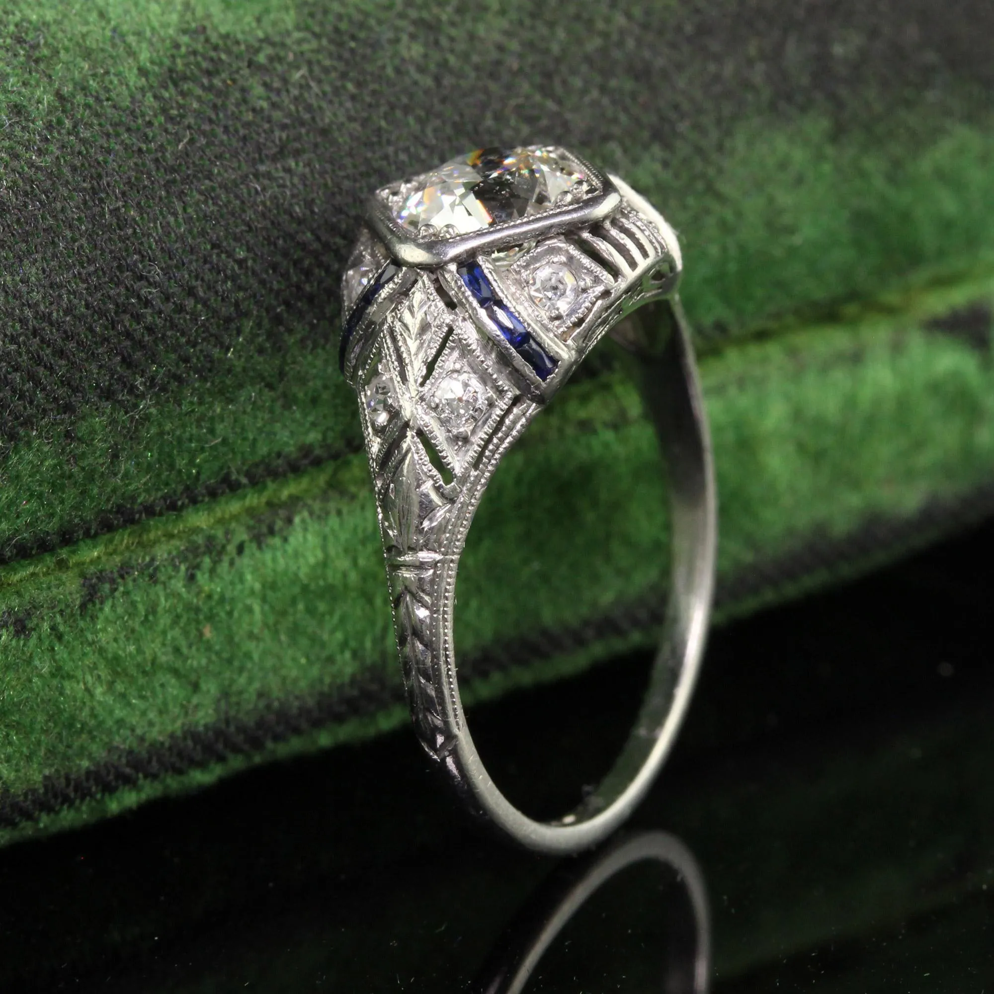 Antique Art Deco Platinum Old Euro Diamond Sapphire Engagement Ring - GIA