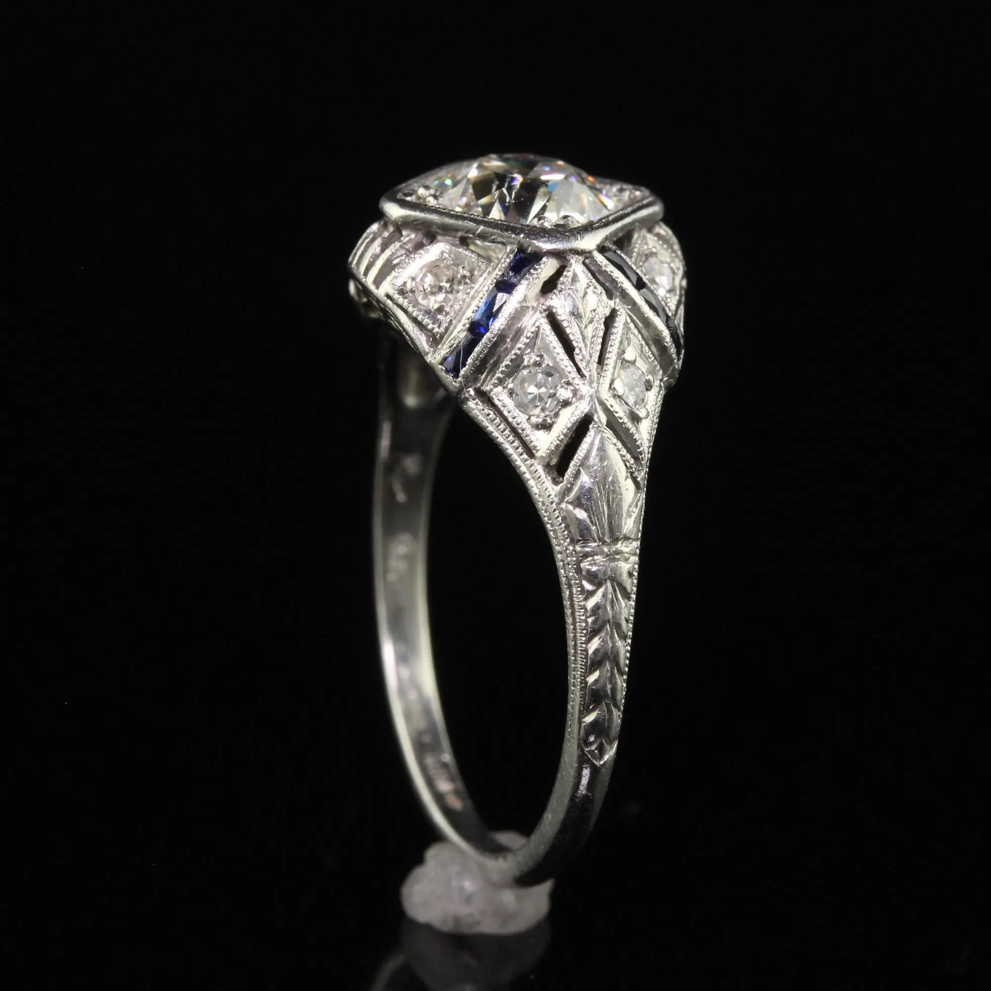 Antique Art Deco Platinum Old Euro Diamond Sapphire Engagement Ring - GIA