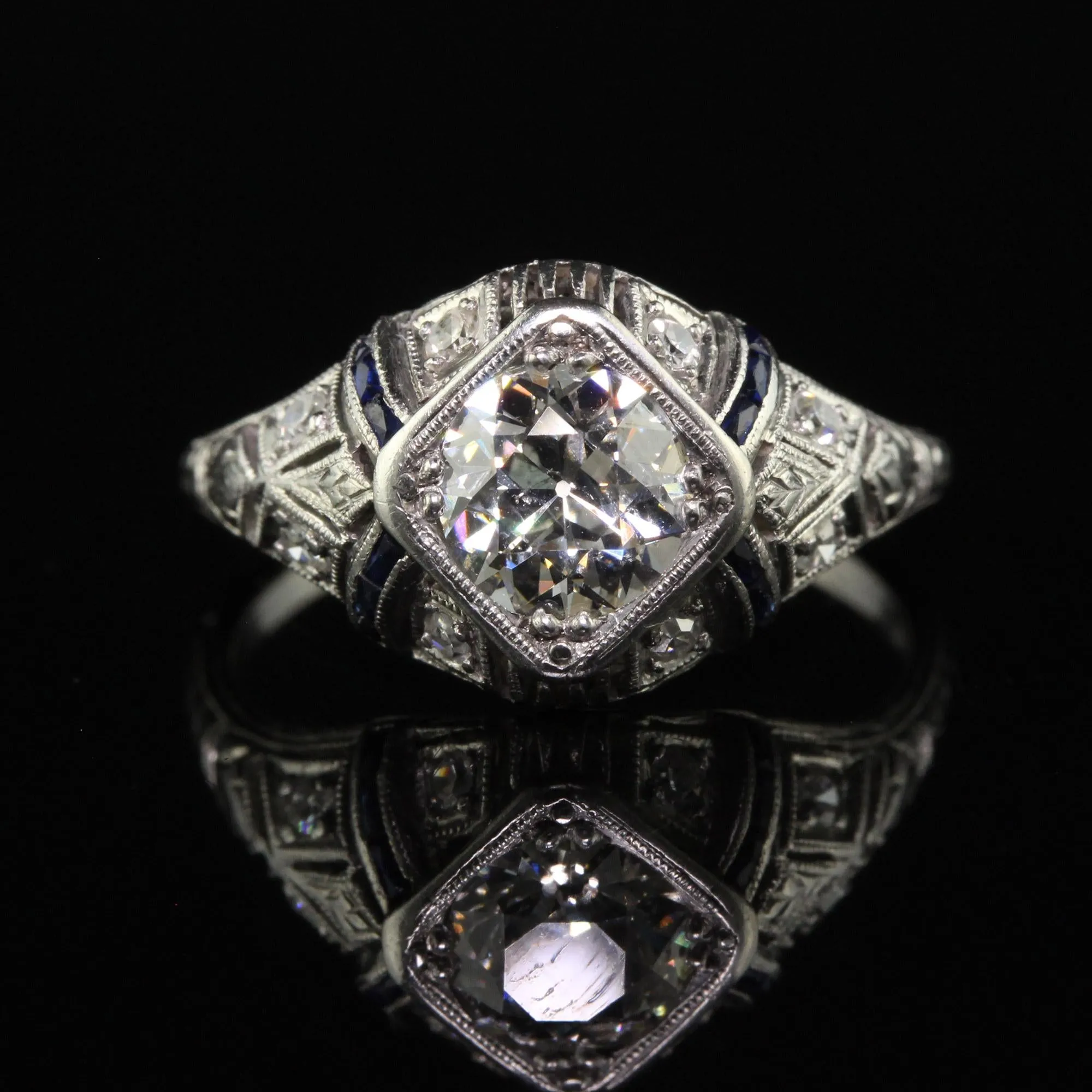 Antique Art Deco Platinum Old Euro Diamond Sapphire Engagement Ring - GIA