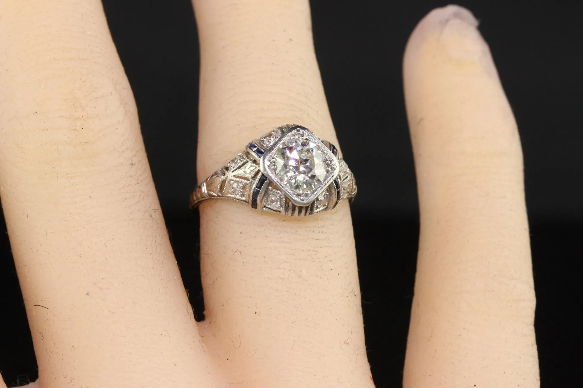Antique Art Deco Platinum Old Euro Diamond Sapphire Engagement Ring - GIA