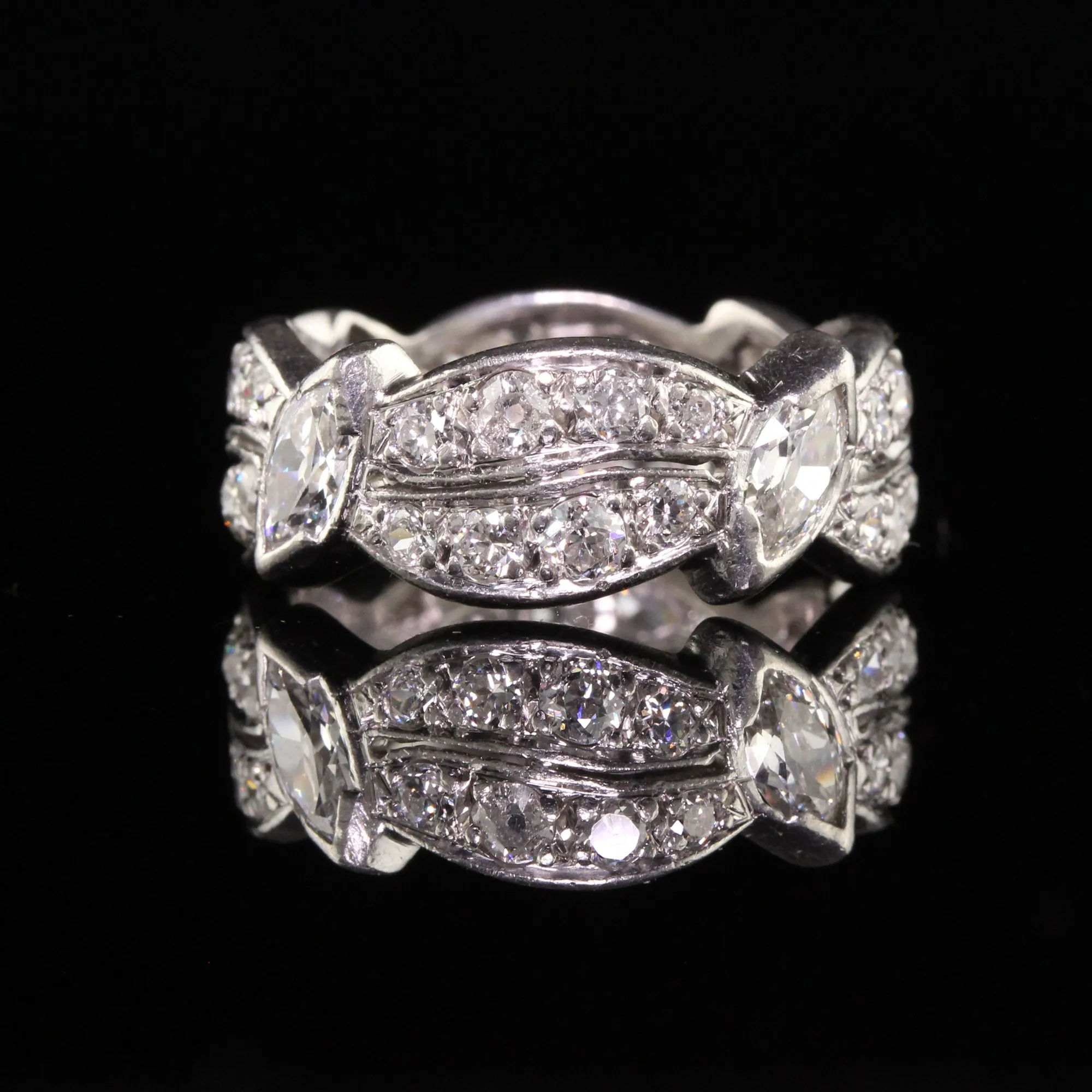 Antique Art Deco Platinum Old European Marquise Diamond Eternity Ring - Size 6 3/4