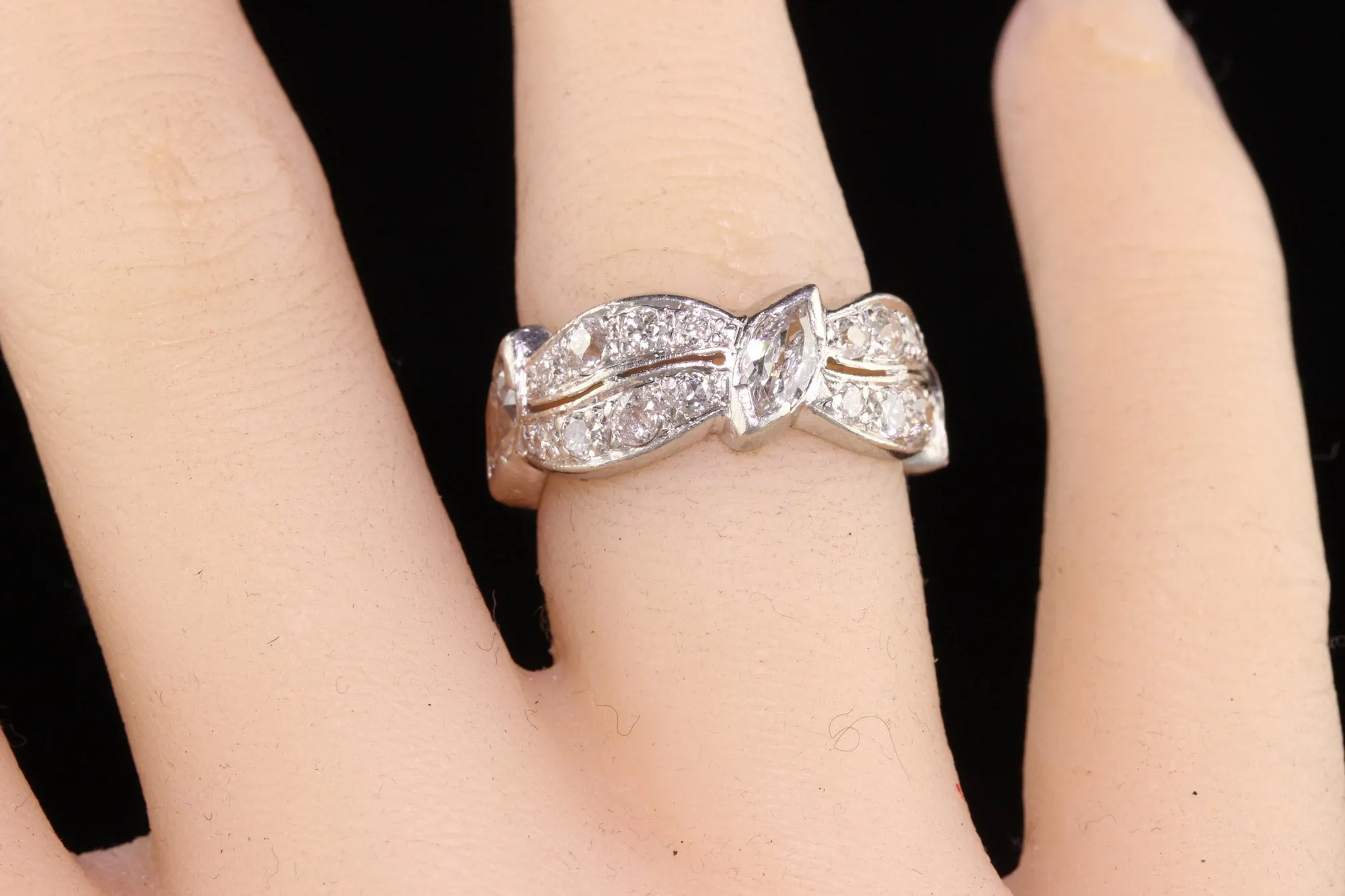Antique Art Deco Platinum Old European Marquise Diamond Eternity Ring - Size 6 3/4