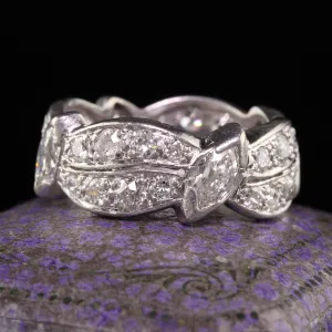 Antique Art Deco Platinum Old European Marquise Diamond Eternity Ring - Size 6 3/4