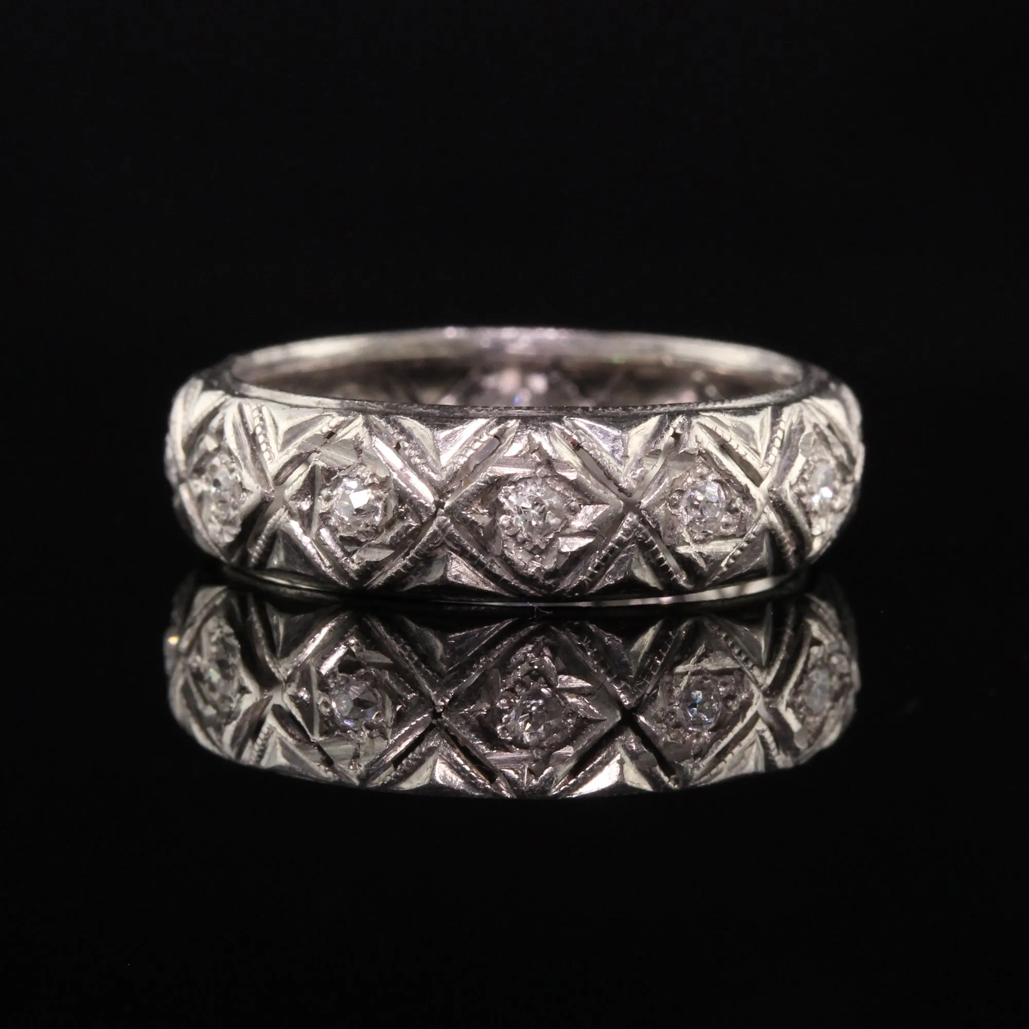 Antique Art Deco Platinum Old Mine Diamond Eternity Wedding Band - Size 5 1/2