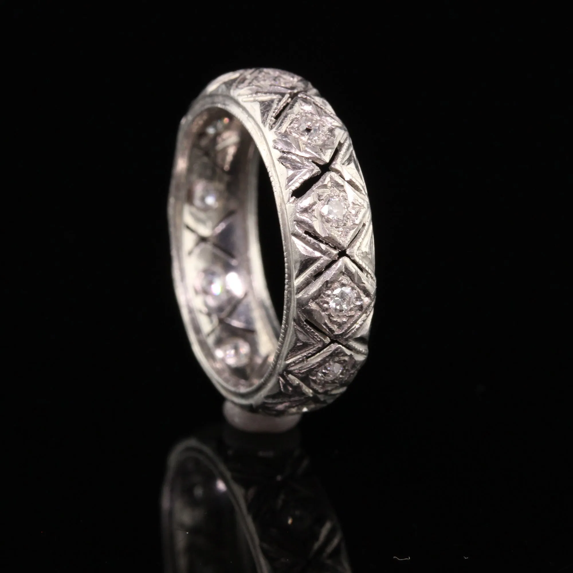 Antique Art Deco Platinum Old Mine Diamond Eternity Wedding Band - Size 5 1/2