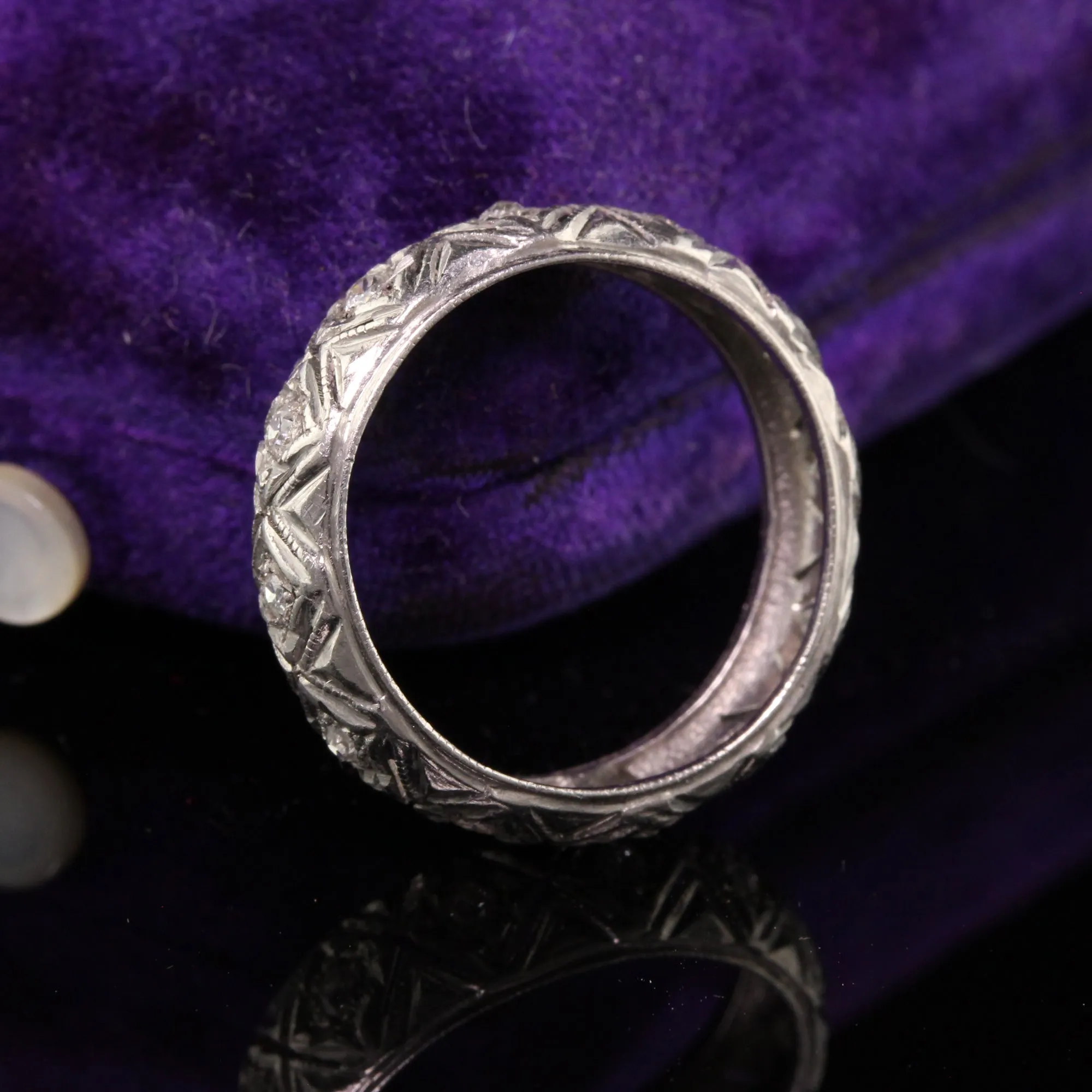 Antique Art Deco Platinum Old Mine Diamond Eternity Wedding Band - Size 5 1/2