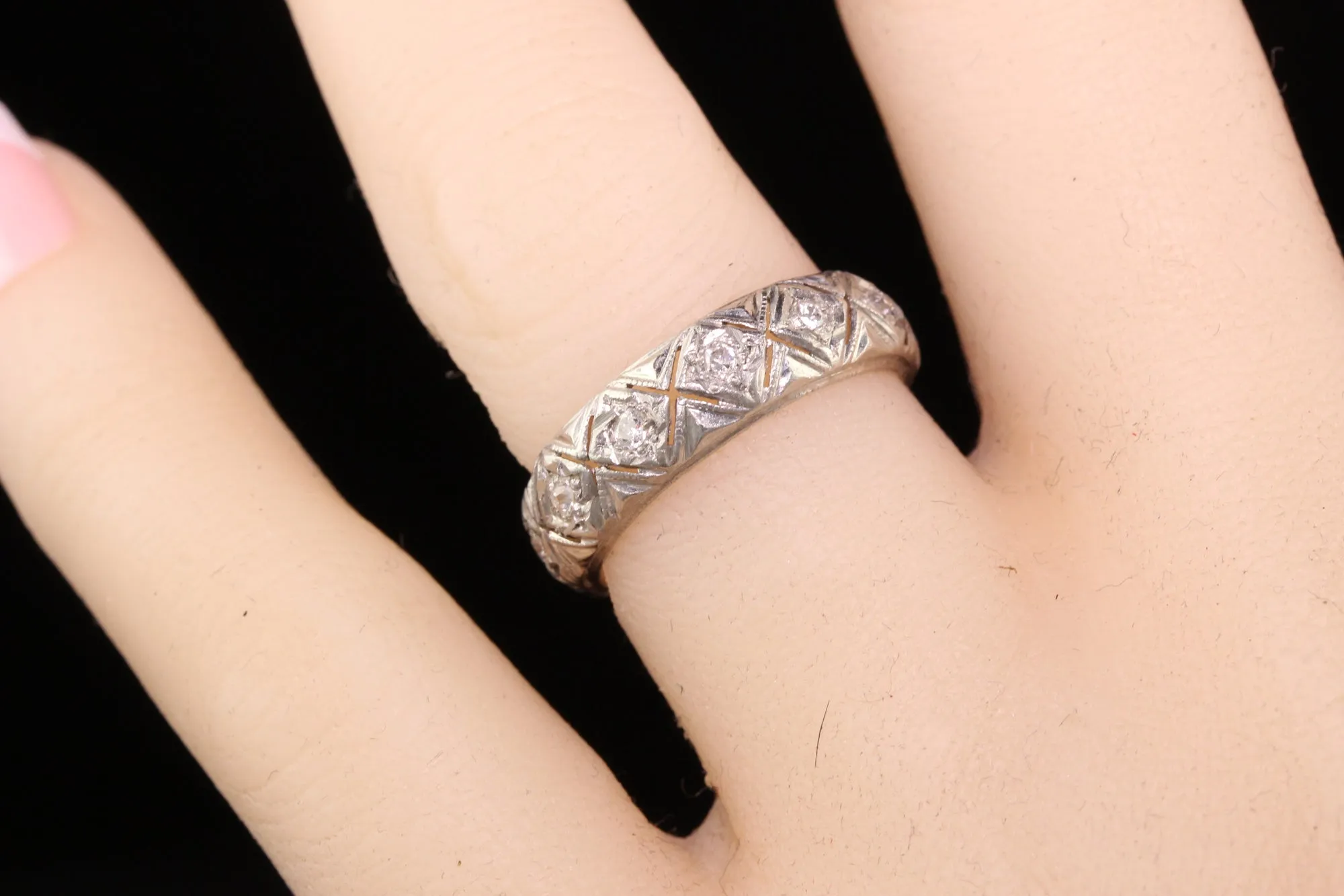 Antique Art Deco Platinum Old Mine Diamond Eternity Wedding Band - Size 5 1/2