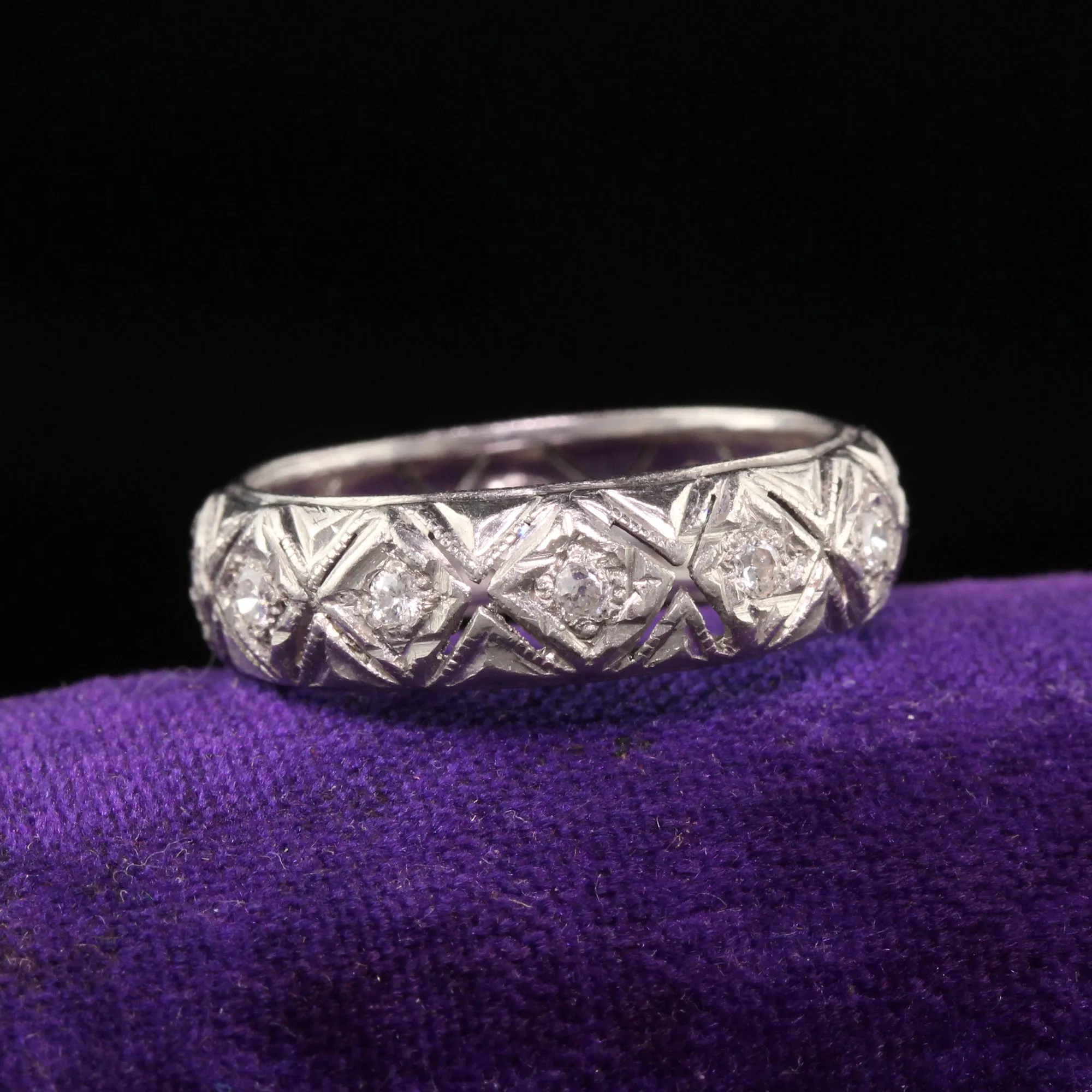 Antique Art Deco Platinum Old Mine Diamond Eternity Wedding Band - Size 5 1/2