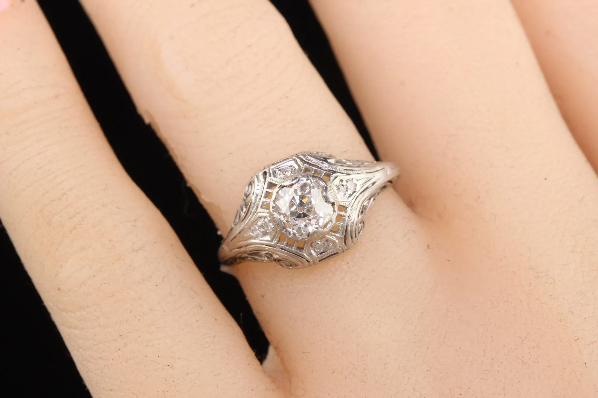 Antique Art Deco Platinum Old Mine Diamond Filigree Engagement Ring