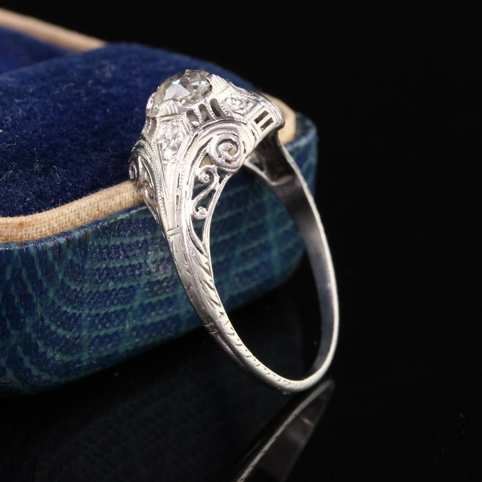 Antique Art Deco Platinum Old Mine Diamond Filigree Engagement Ring