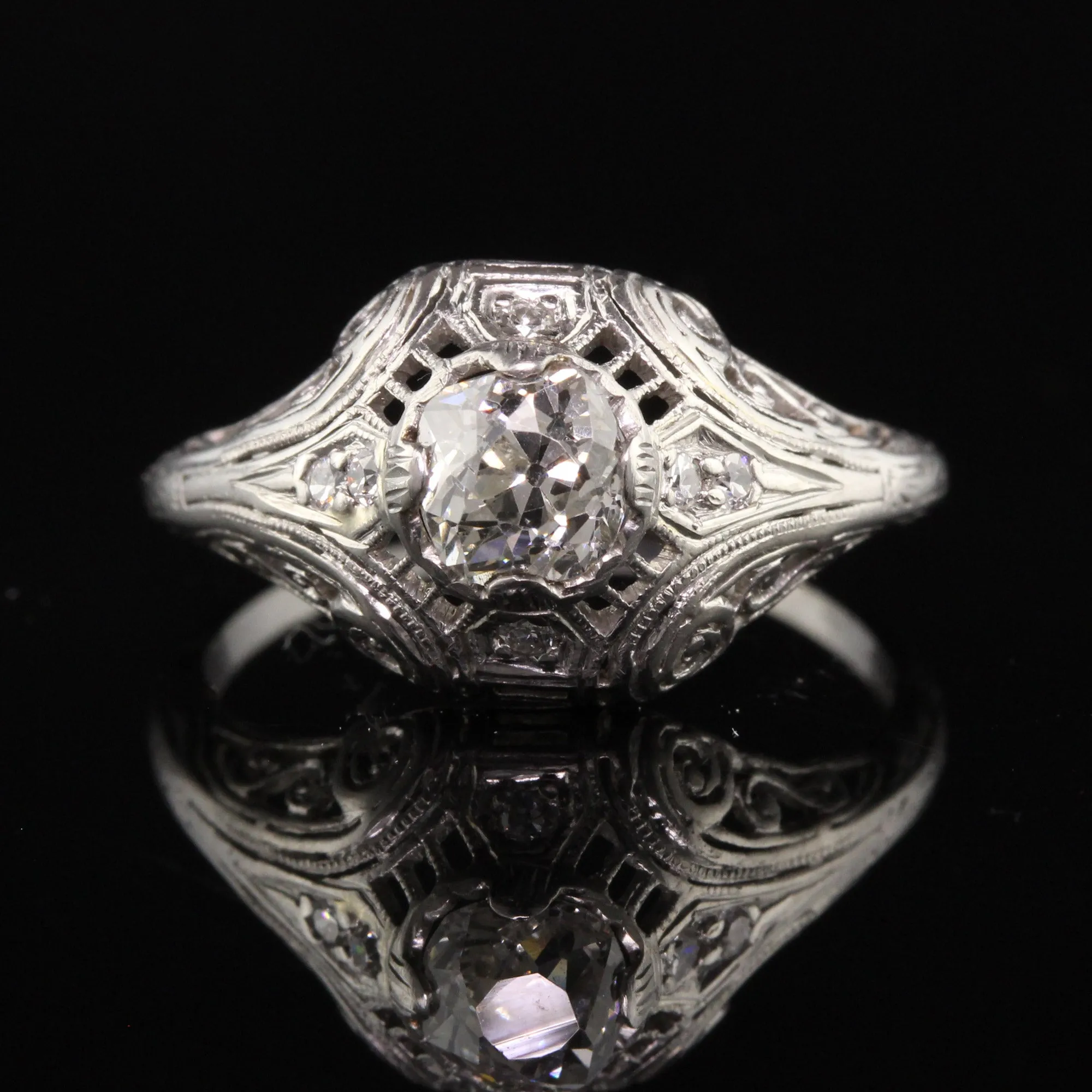 Antique Art Deco Platinum Old Mine Diamond Filigree Engagement Ring
