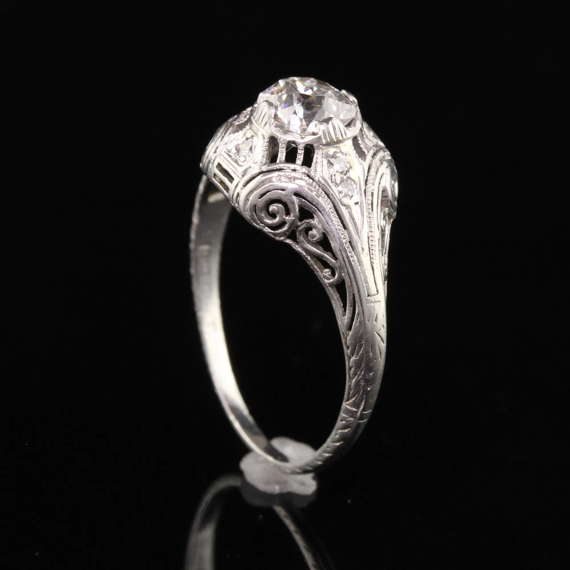 Antique Art Deco Platinum Old Mine Diamond Filigree Engagement Ring