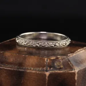 Antique Art Deco Wood and Sons 18K White Gold Engraved Blossom Wedding Band