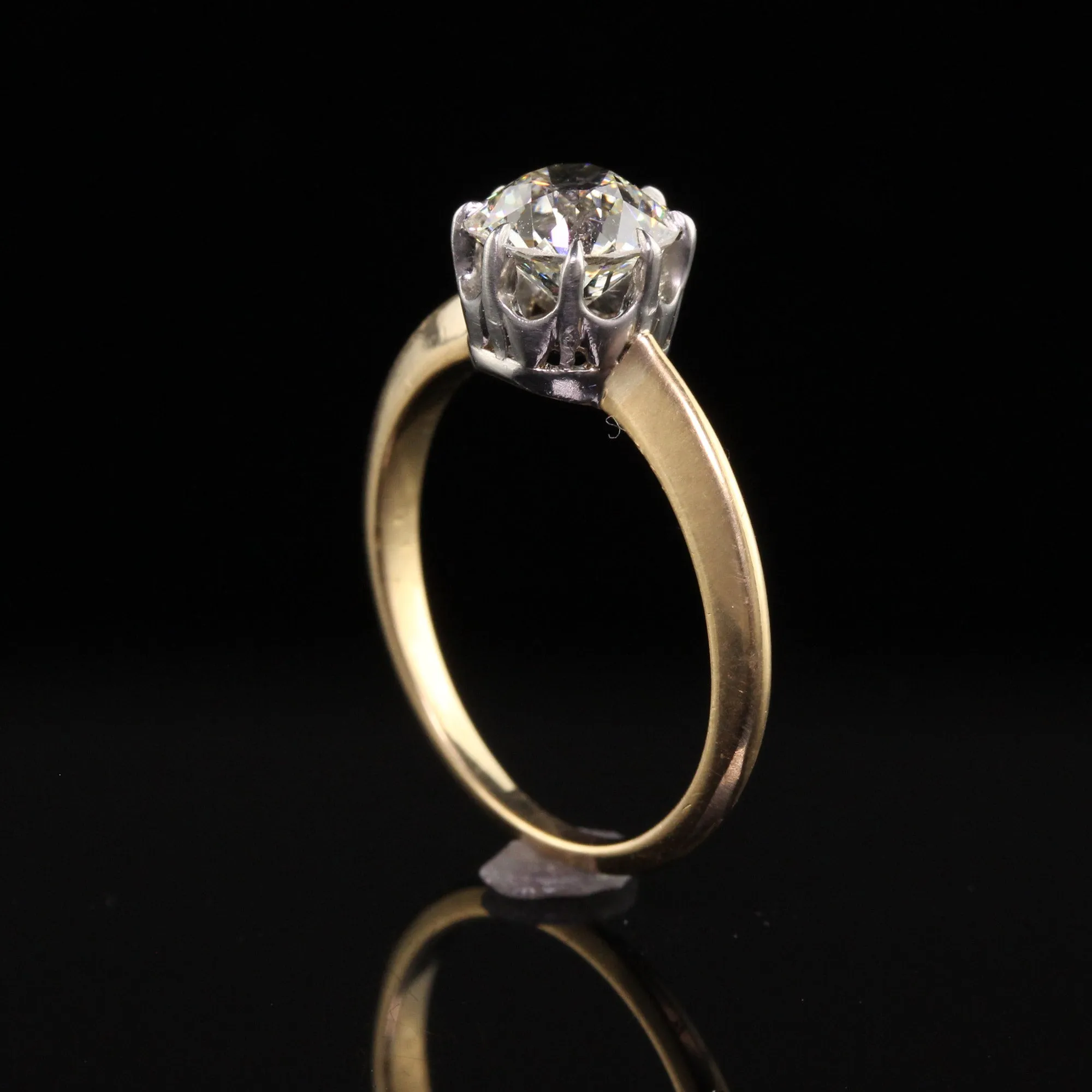 Antique Edwardian 18K Yellow Gold Platinum Old Euro Diamond Engagement Ring
