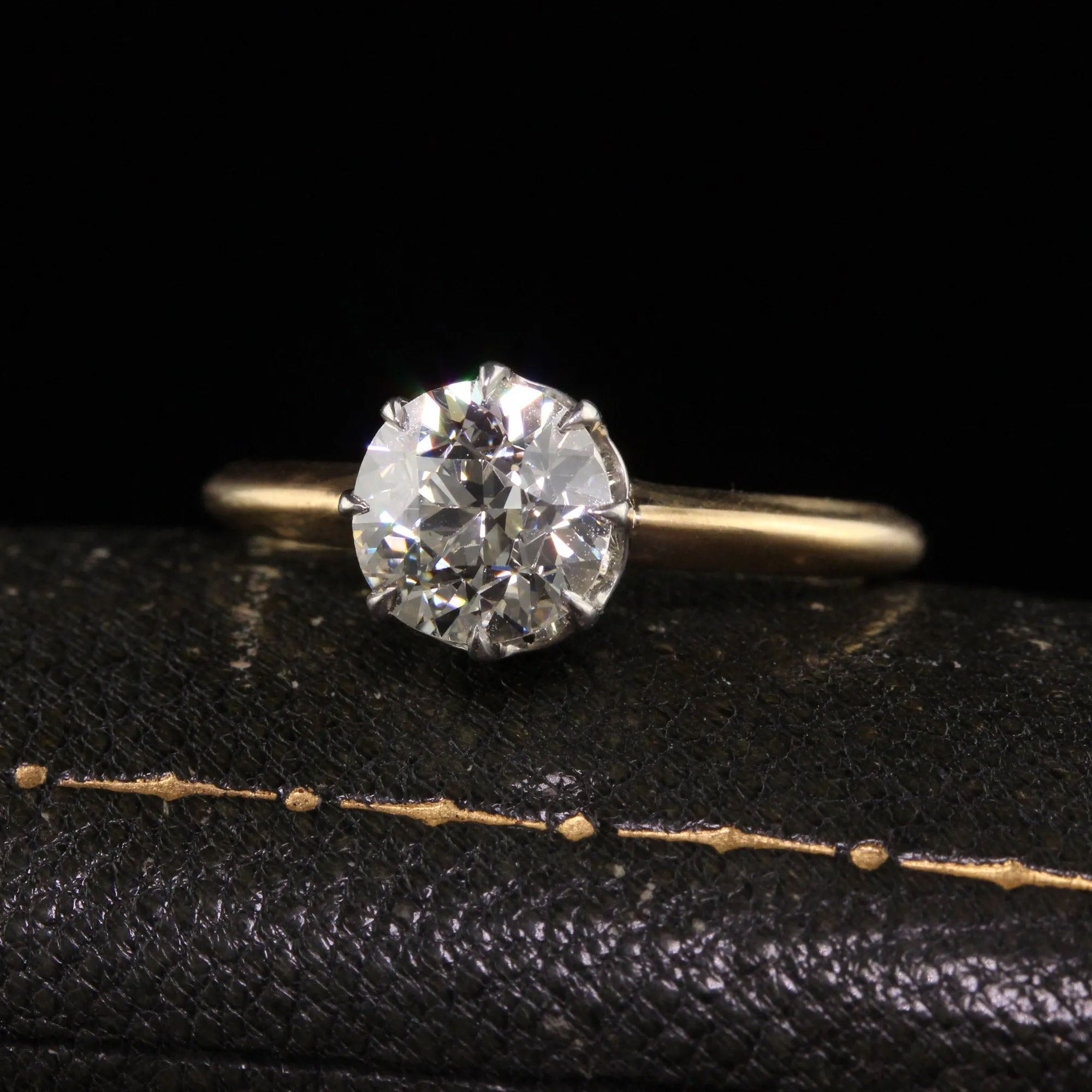 Antique Edwardian 18K Yellow Gold Platinum Old Euro Diamond Engagement Ring