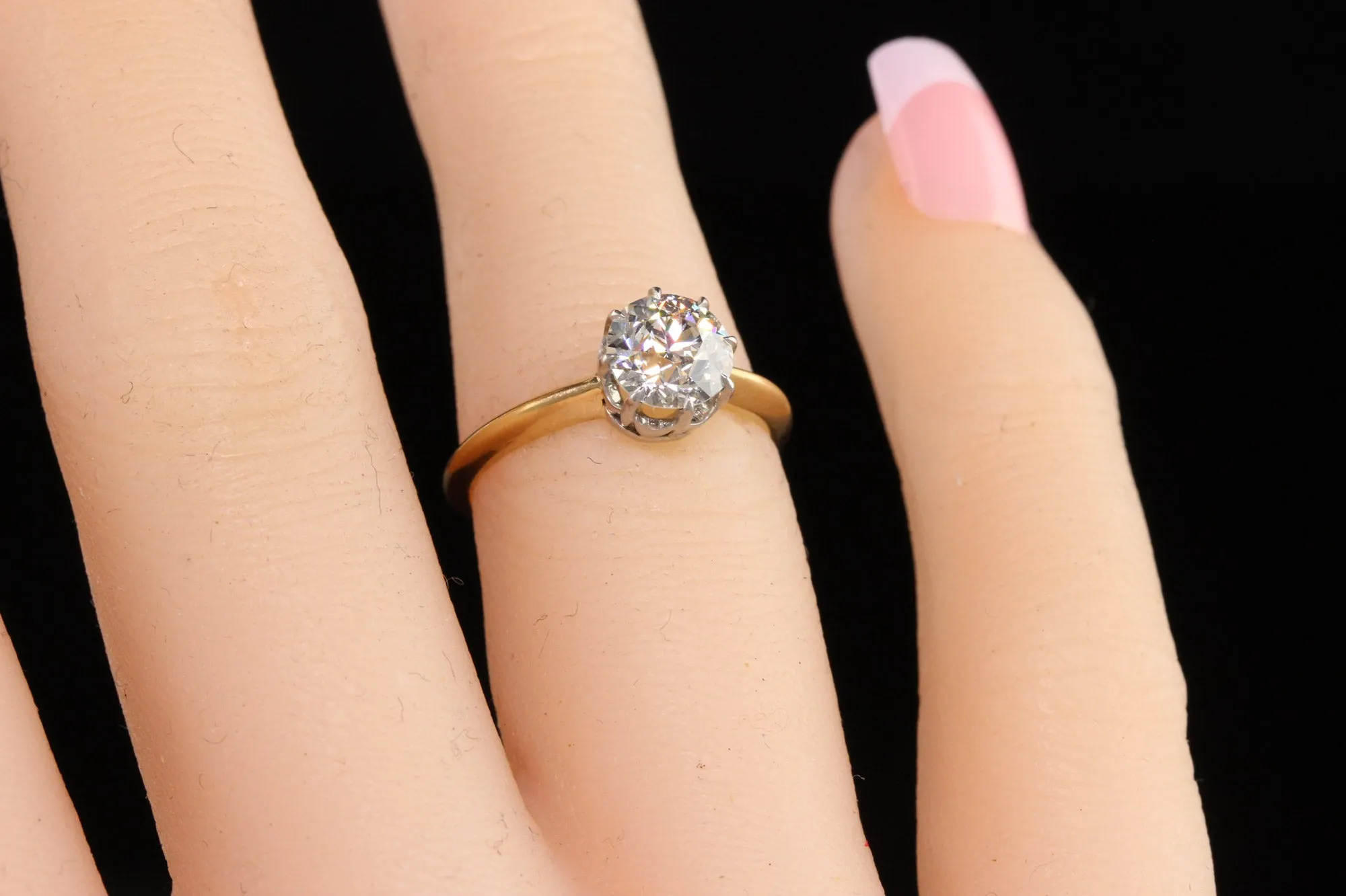Antique Edwardian 18K Yellow Gold Platinum Old Euro Diamond Engagement Ring