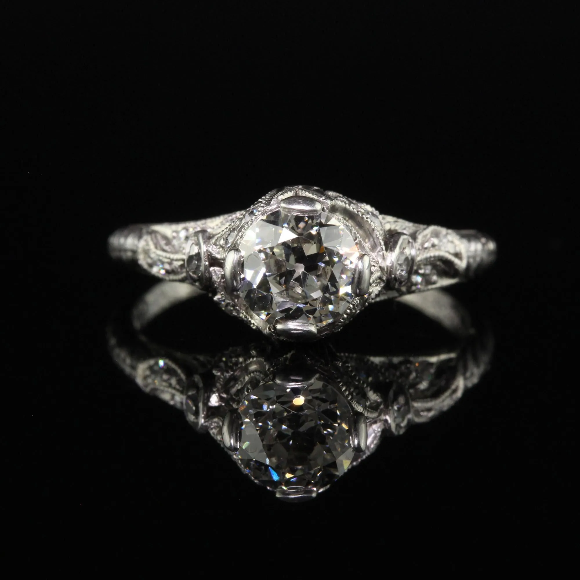 Antique Edwardian Platinum Old Euro Diamond Filigree Engagement Ring