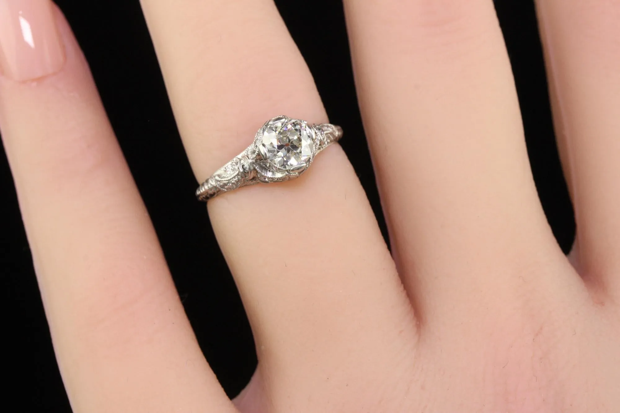 Antique Edwardian Platinum Old Euro Diamond Filigree Engagement Ring