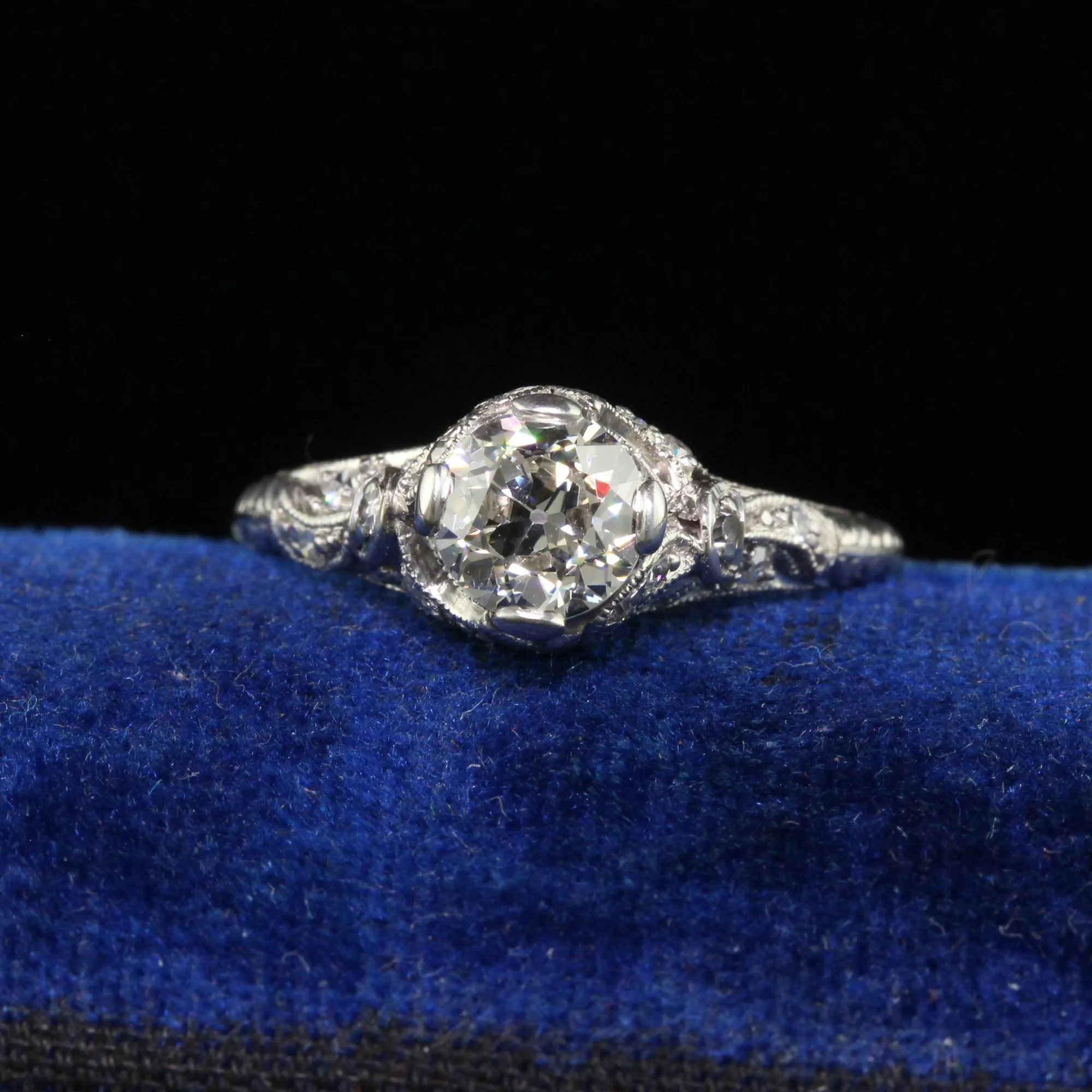 Antique Edwardian Platinum Old Euro Diamond Filigree Engagement Ring