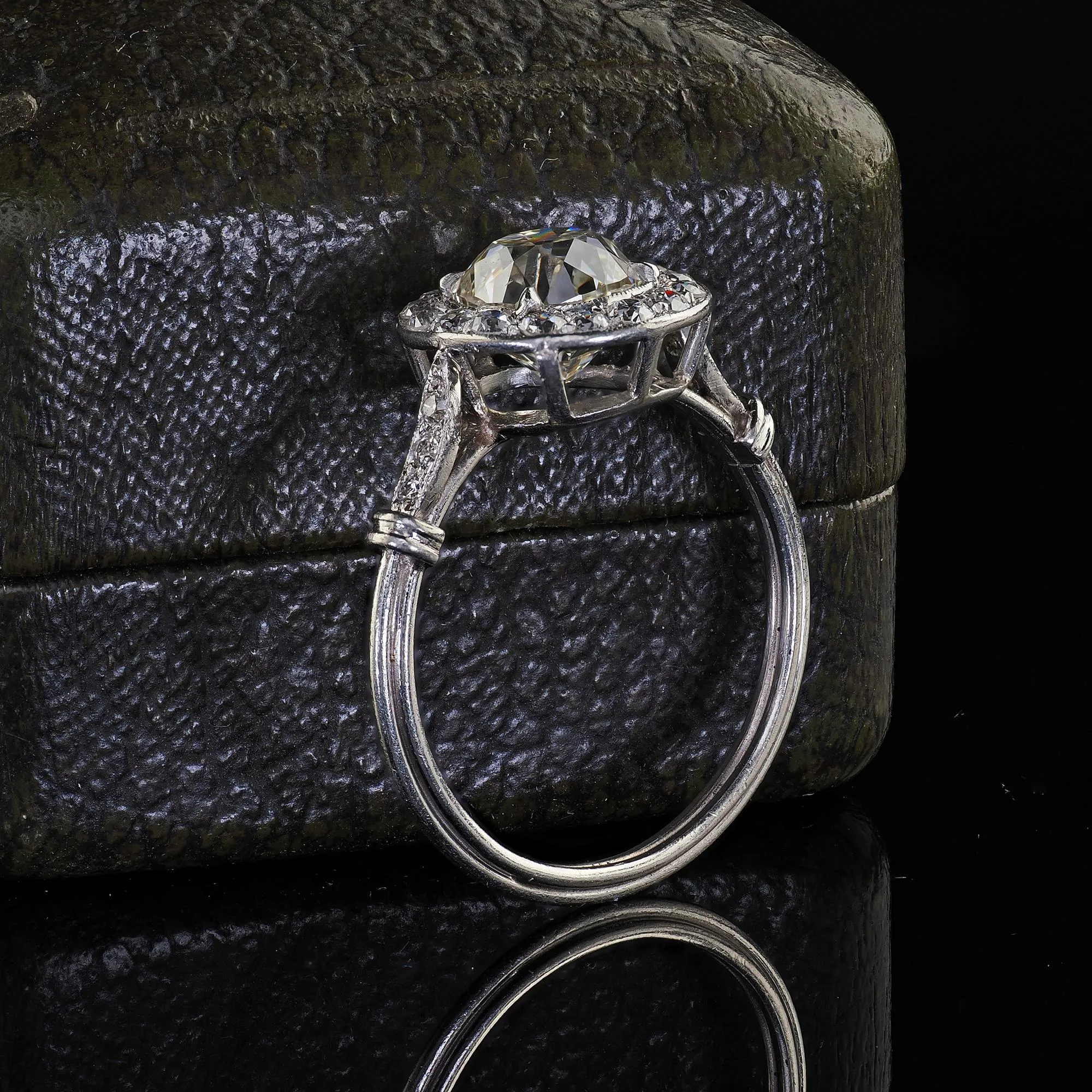 Antique Edwardian Platinum Old Mine Diamond and Halo Engagement Ring - GIA