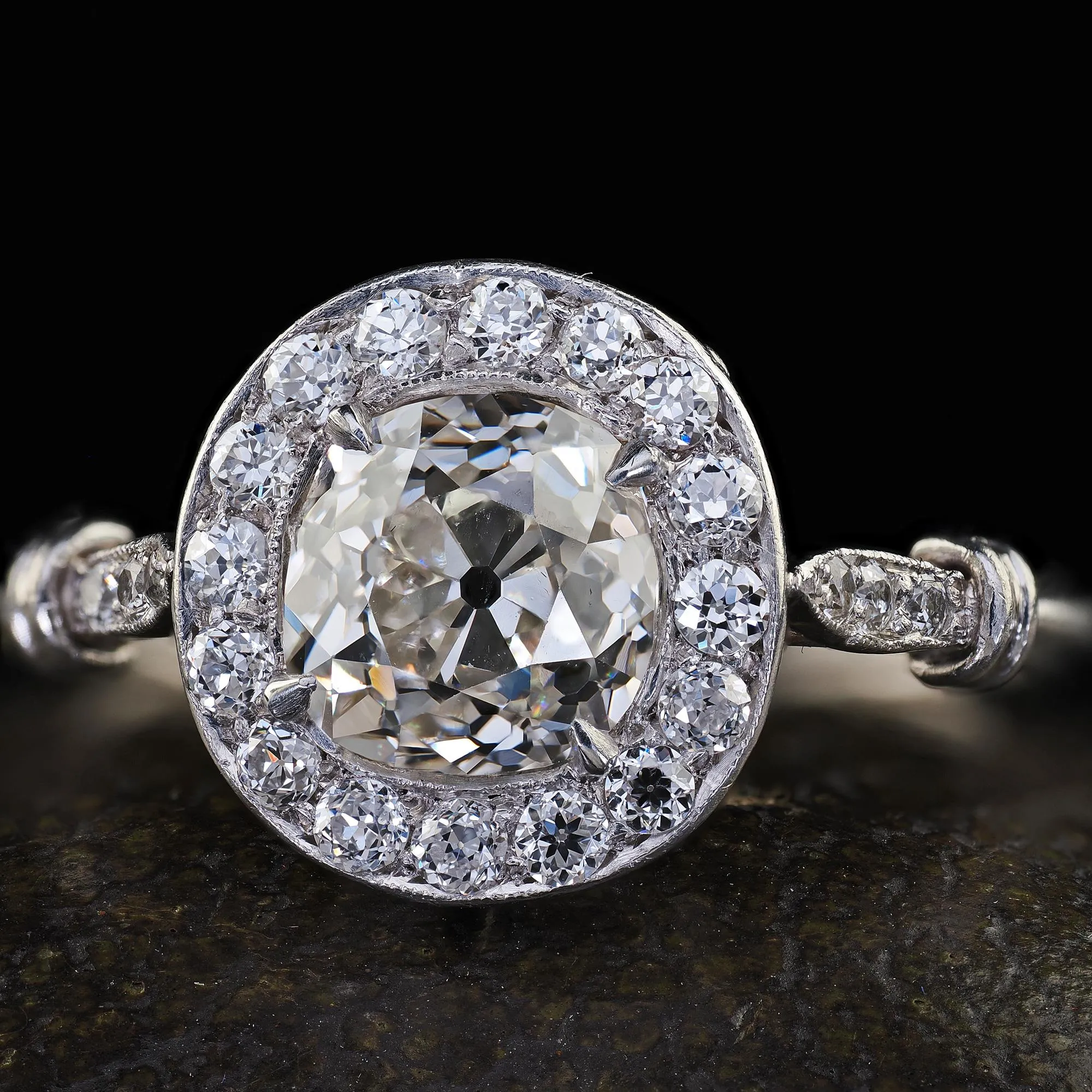 Antique Edwardian Platinum Old Mine Diamond and Halo Engagement Ring - GIA
