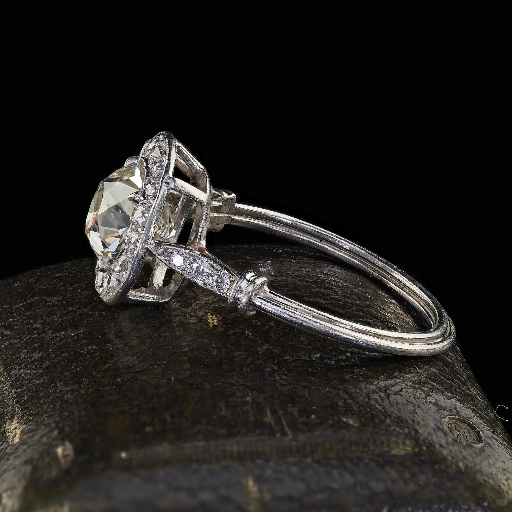 Antique Edwardian Platinum Old Mine Diamond and Halo Engagement Ring - GIA
