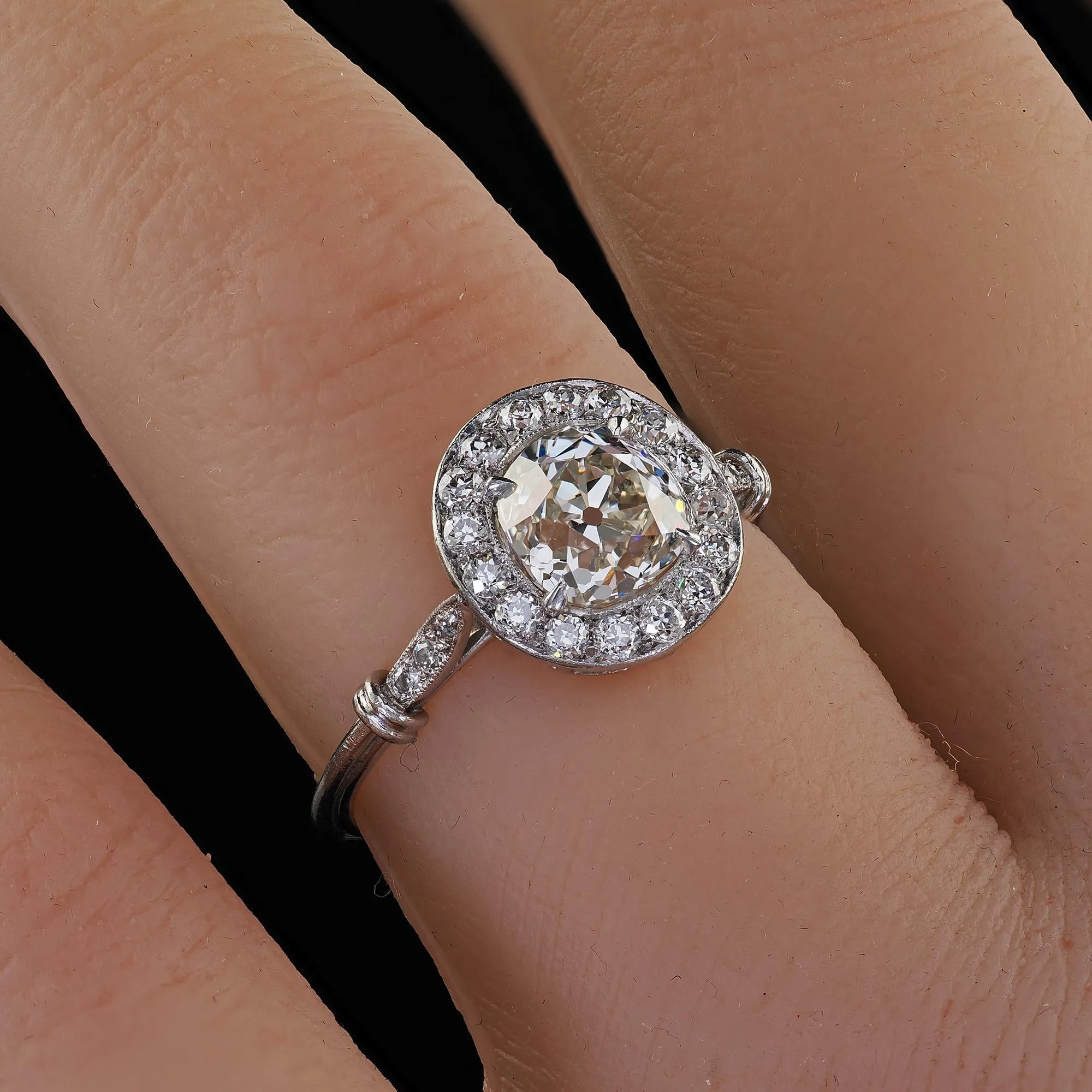 Antique Edwardian Platinum Old Mine Diamond and Halo Engagement Ring - GIA