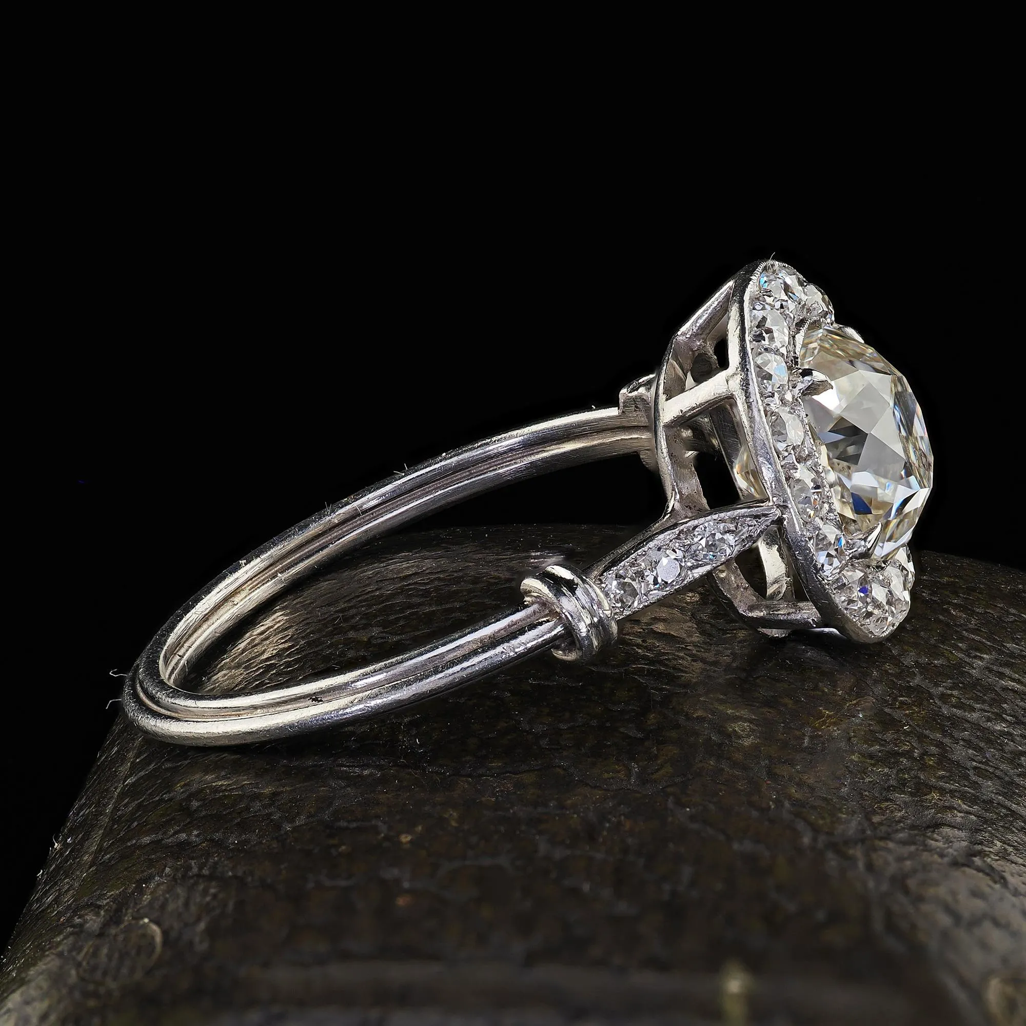 Antique Edwardian Platinum Old Mine Diamond and Halo Engagement Ring - GIA